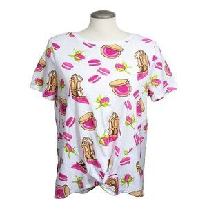 Womens Size Large Novelty T Shirt Shoe Print Make Up Roses White Knot Front Tee